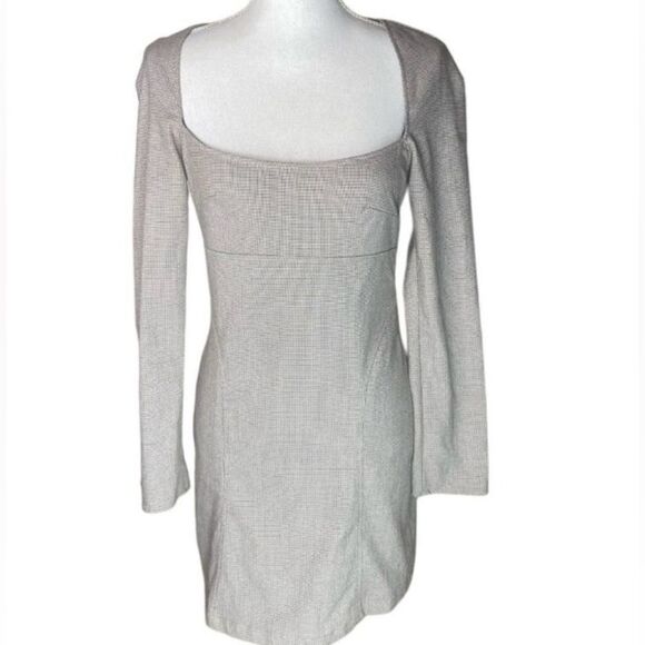 Zara Women's Sz Med Grey Plaid Square Neckline Long Sleeve Fitted Midi Dress - Picture 1 of 6